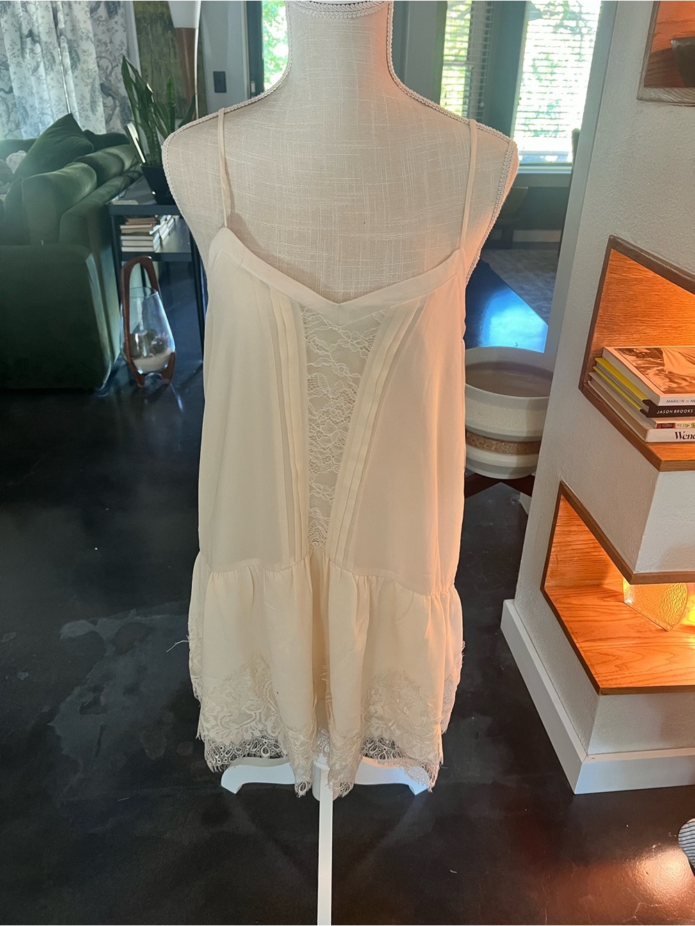 Lace Inset Cream Chemise Slip with Adjustable Spaghetti Straps